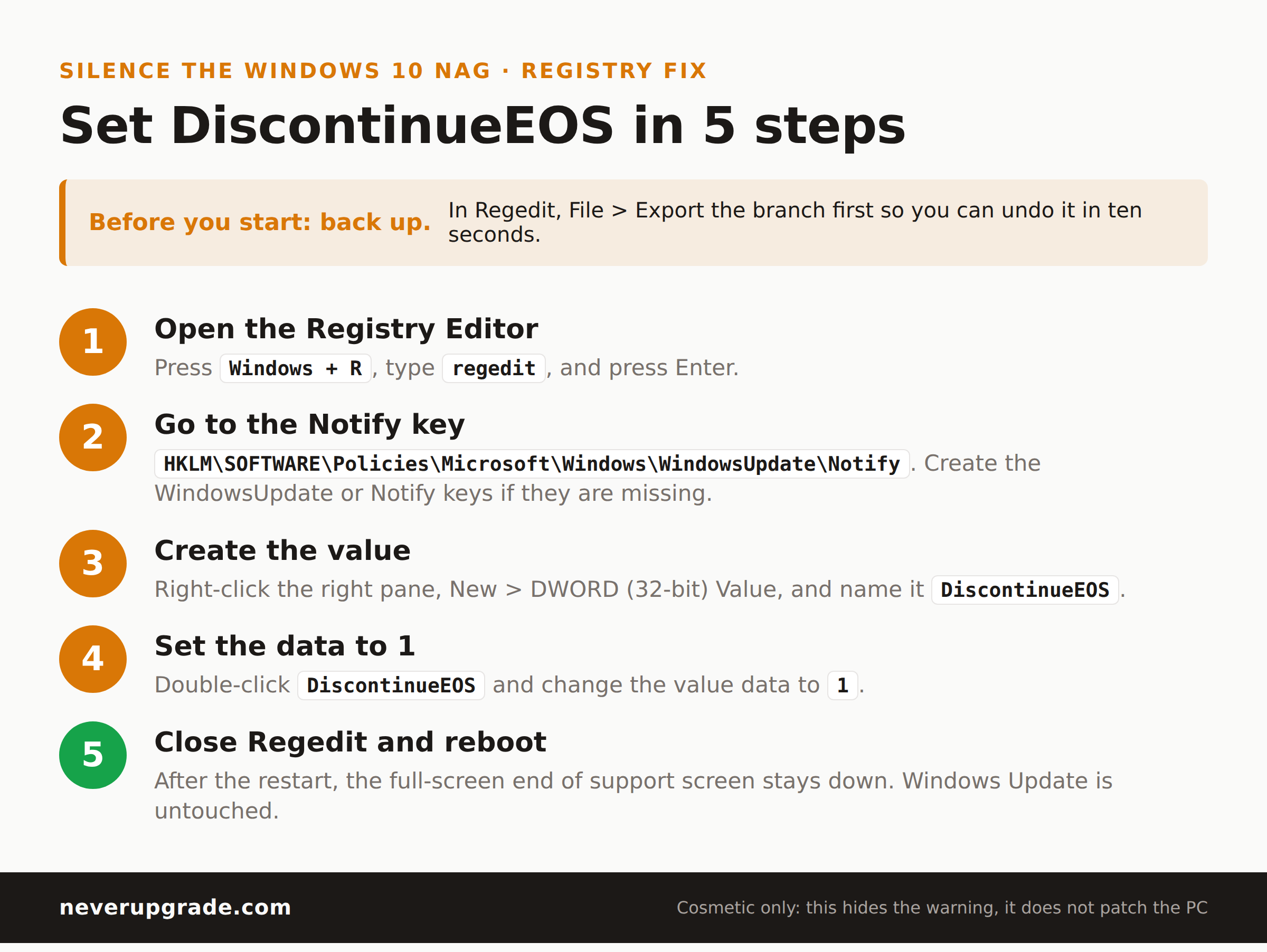 How to Get Rid of the Windows 10 End of Support Message (Safely) 1 Five-step registry fix to set DiscontinueEOS and remove the Windows 10 end of support message