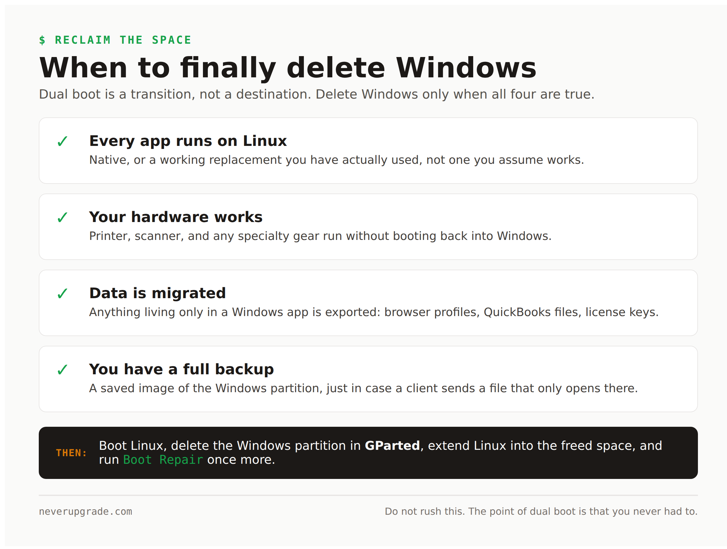 How to Dual Boot Linux and Windows 10: Keep Both Until You're Ready 3 Checklist for when to delete the Windows partition from a dual boot: every app runs on Linux, hardware works, data migrated, full backup taken
