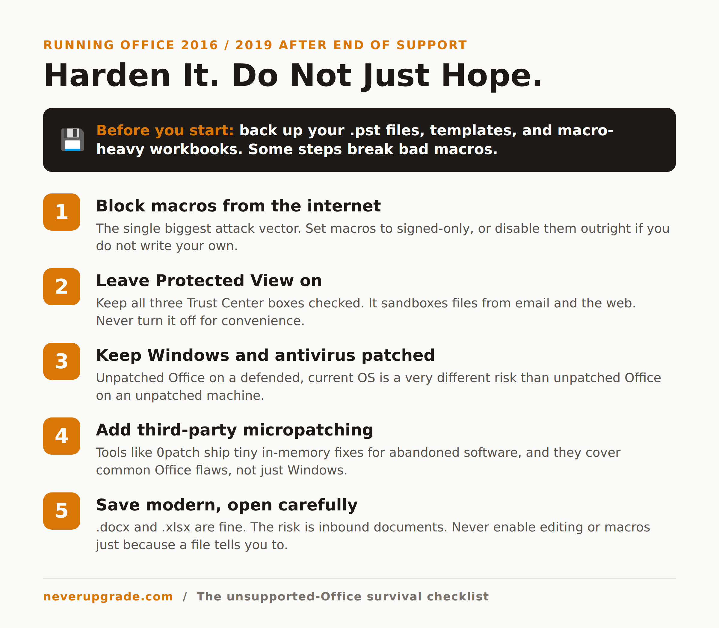 Checklist for hardening an unsupported Office 2016 or 2019 install