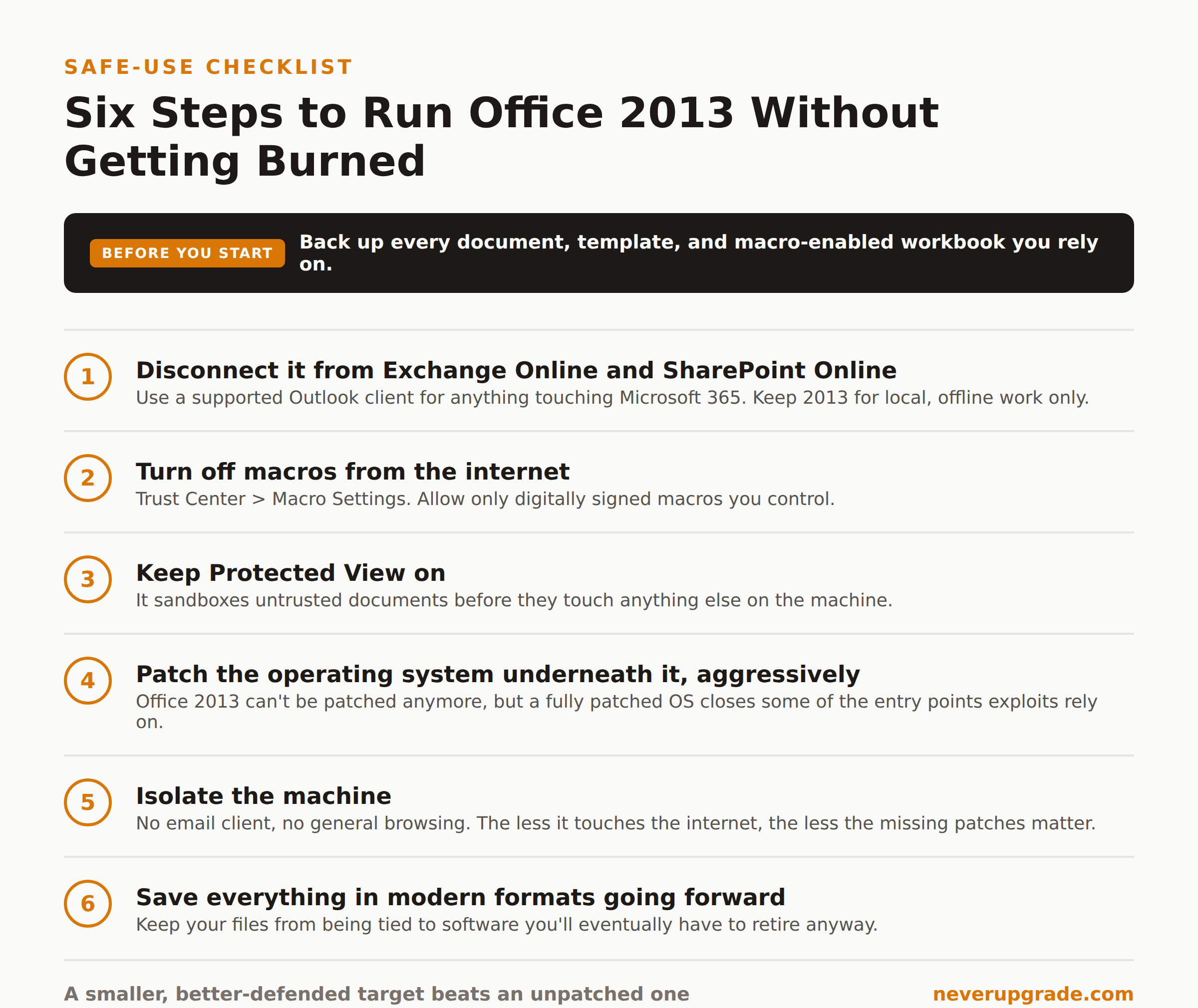 Safe-use checklist for running Office 2013 after end of life